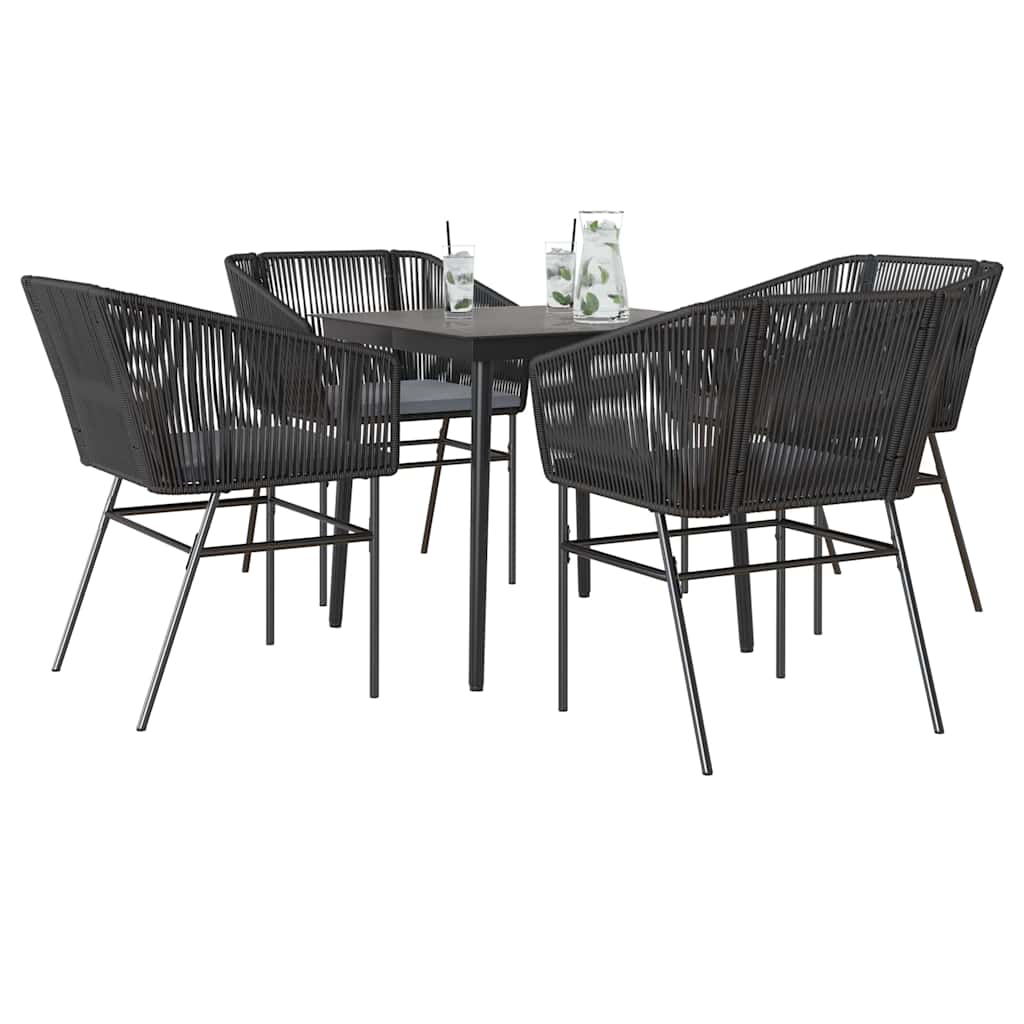 5-tlg. Garten-Essgruppe mit Kissen Schwarz Poly Rattan Glas