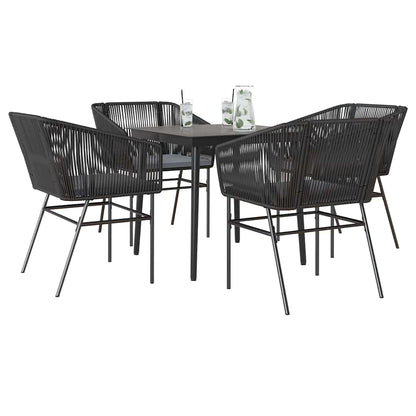5-tlg. Garten-Essgruppe mit Kissen Schwarz Poly Rattan Glas
