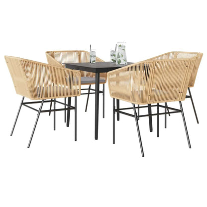 5-tlg. Garten-Essgruppe mit Kissen Braun Poly Rattan Glas
