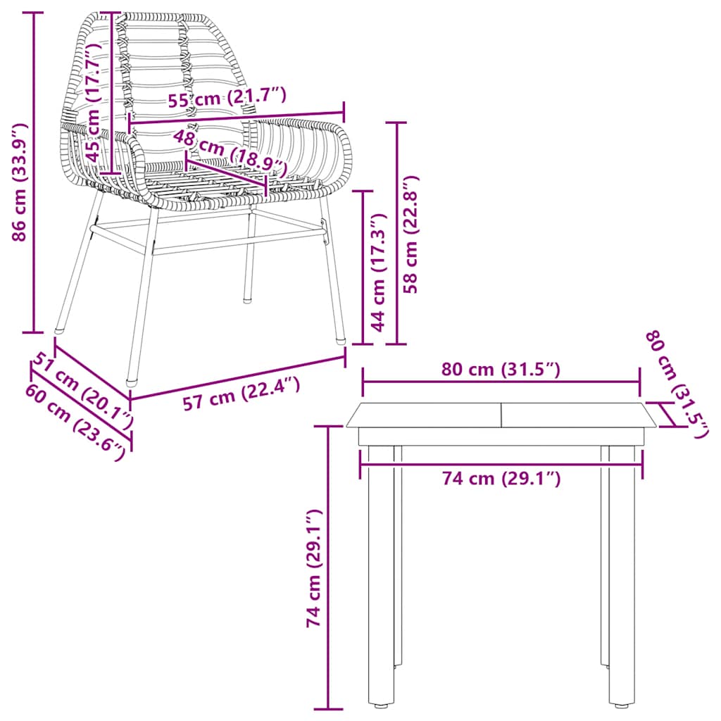 3-teiliges Garten-Esszimmerset aus schwarzem Polyrattanglas