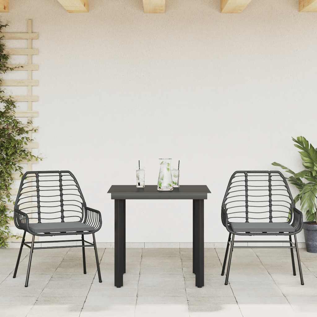 3-tlg. Garten-Essgruppe mit Kissen Schwarz Poly Rattan Glas