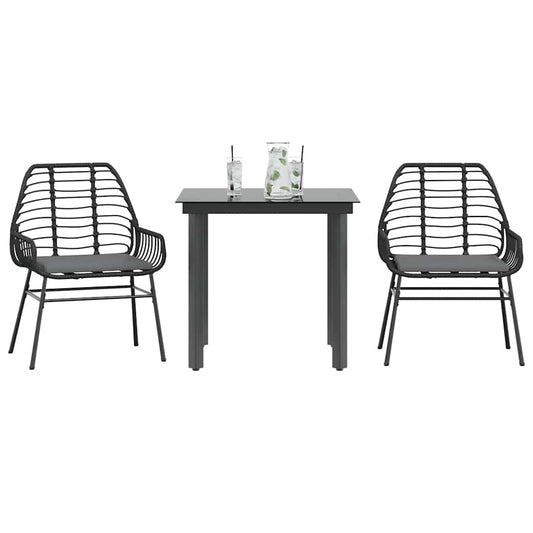 3-tlg. Garten-Essgruppe mit Kissen Schwarz Poly Rattan Glas