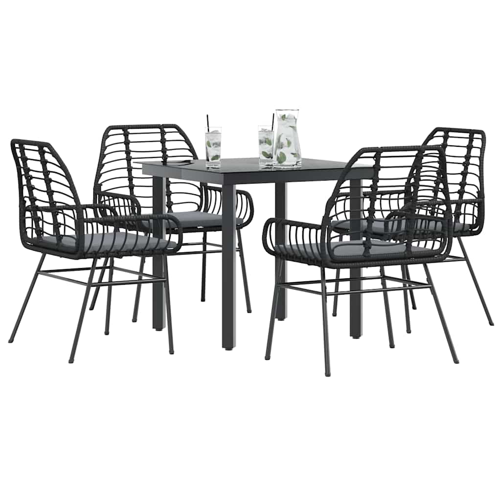 5-tlg. Garten-Essgruppe mit Kissen Schwarz Poly Rattan Glas