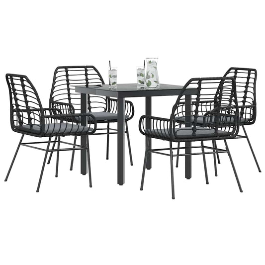 5-tlg. Garten-Essgruppe mit Kissen Schwarz Poly Rattan Glas