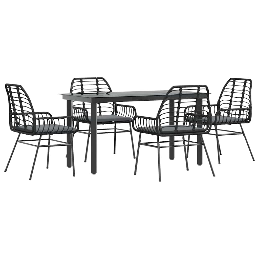 5-tlg. Garten-Essgruppe mit Kissen Schwarz Poly Rattan Glas