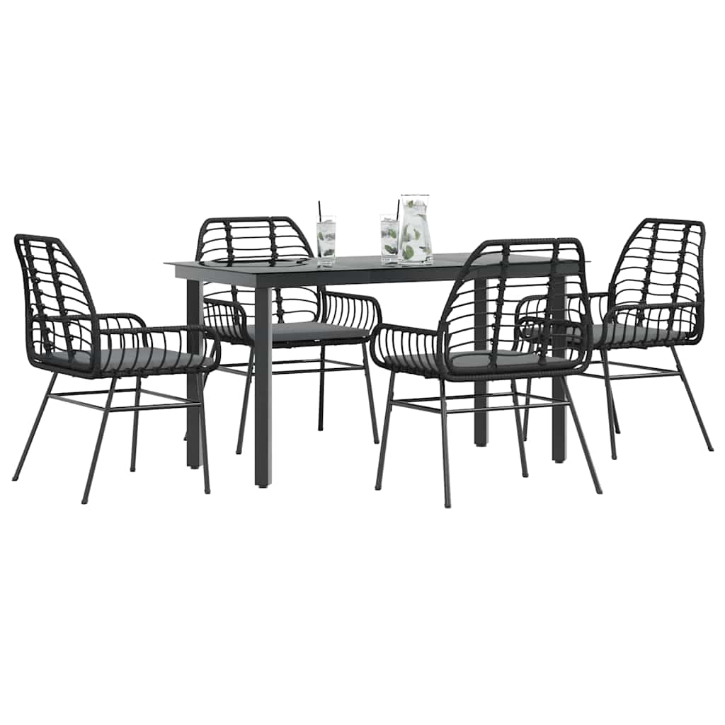 5-tlg. Garten-Essgruppe mit Kissen Schwarz Poly Rattan Glas