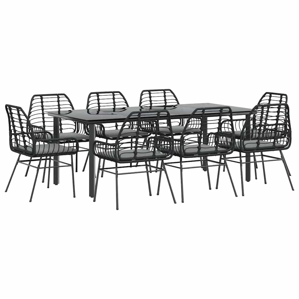 9-tlg. Garten-Essgruppe mit Kissen Schwarz Poly Rattan Glas