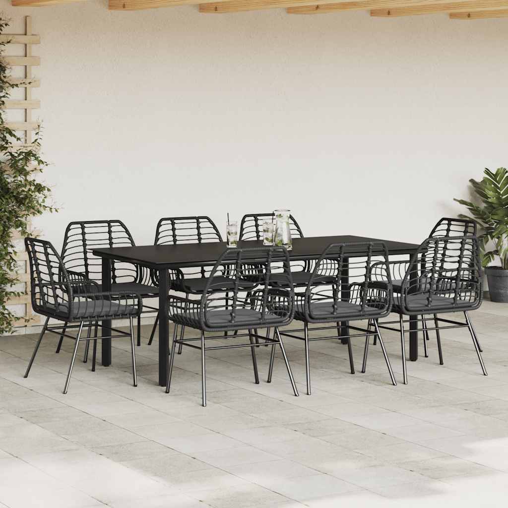 9-tlg. Garten-Essgruppe mit Kissen Schwarz Poly Rattan Glas