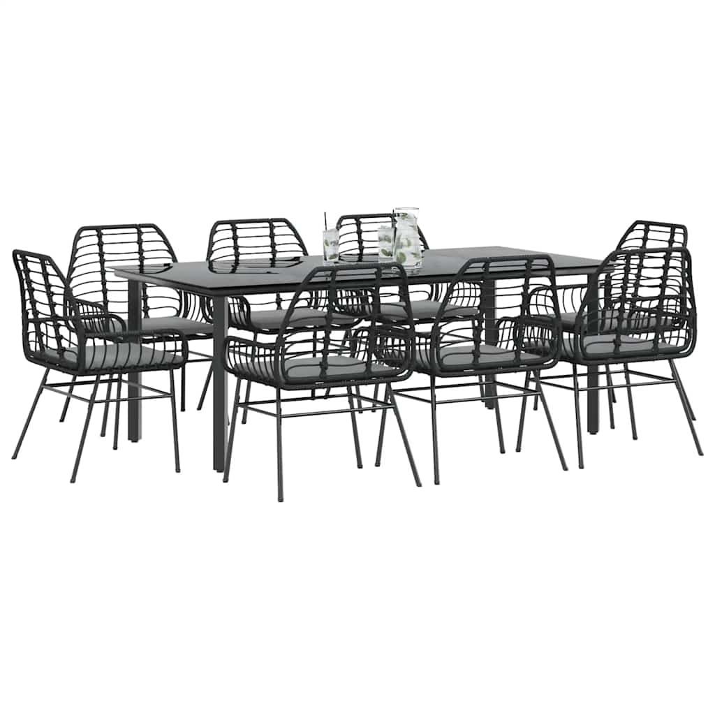 9-tlg. Garten-Essgruppe mit Kissen Schwarz Poly Rattan Glas
