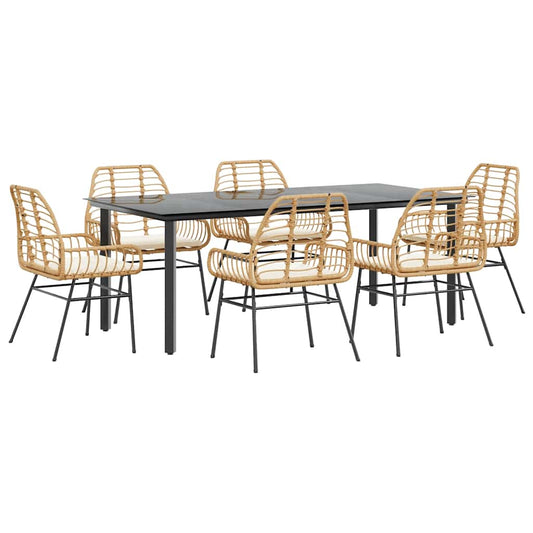 7-tlg. Garten-Essgruppe mit Kissen Braun Poly Rattan Glas
