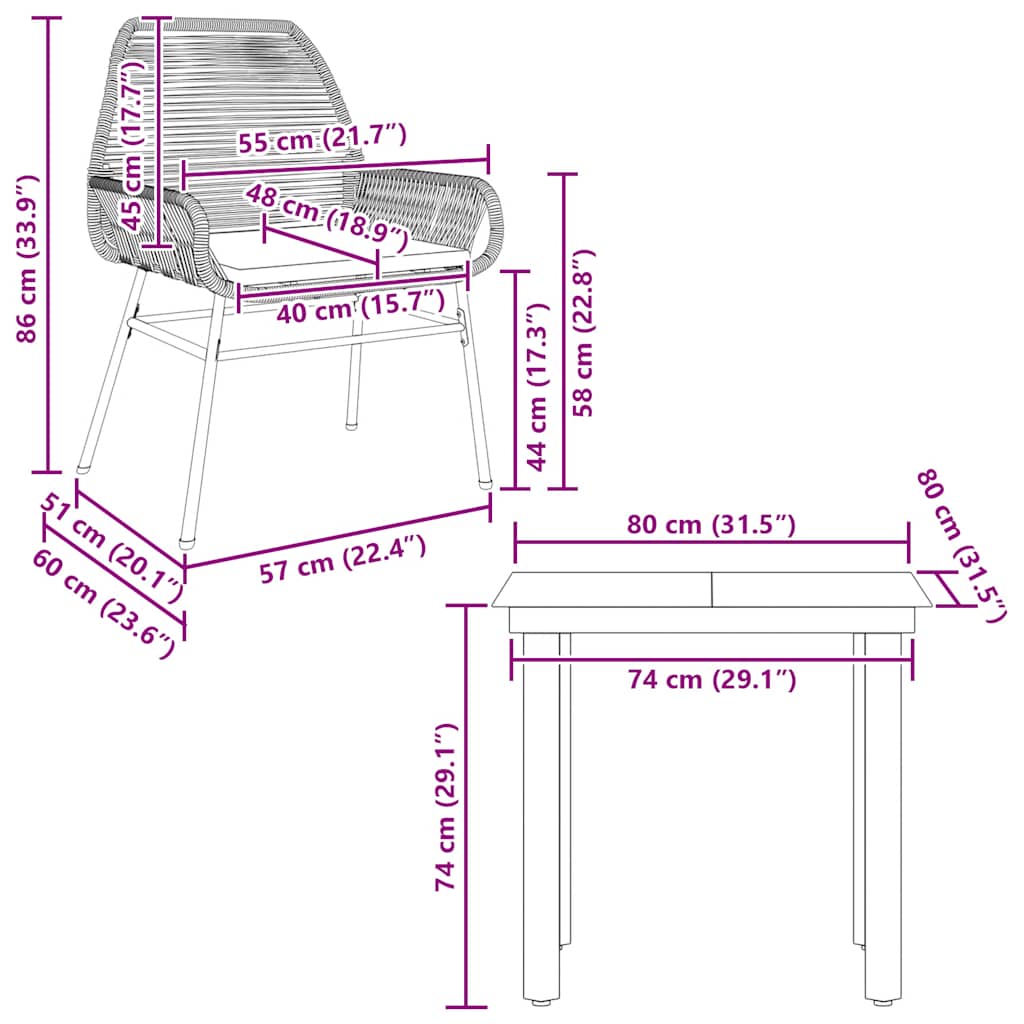 3-tlg. Garten-Essgruppe mit Kissen Braun Poly Rattan Glas
