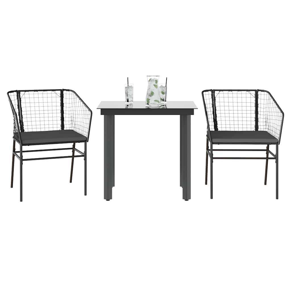 3-tlg. Garten-Essgruppe mit Kissen Schwarz Poly Rattan Glas