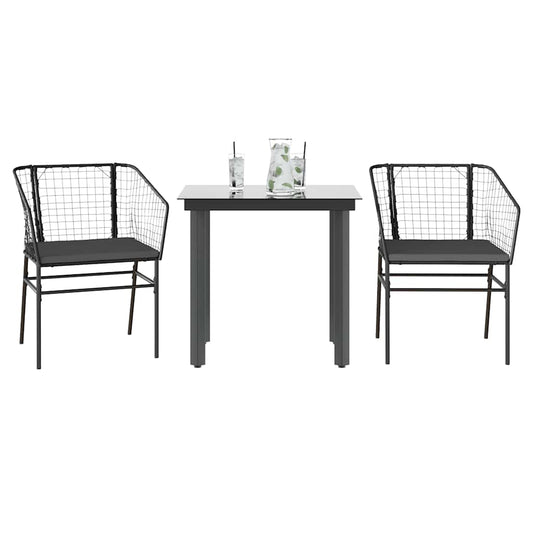 3-tlg. Garten-Essgruppe mit Kissen Schwarz Poly Rattan Glas
