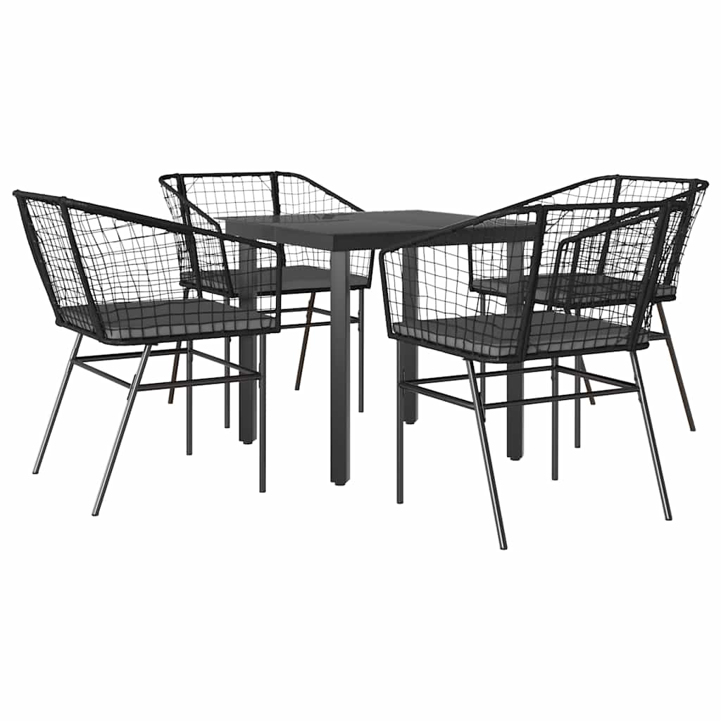 5-tlg. Garten-Essgruppe mit Kissen Schwarz Poly Rattan Glas