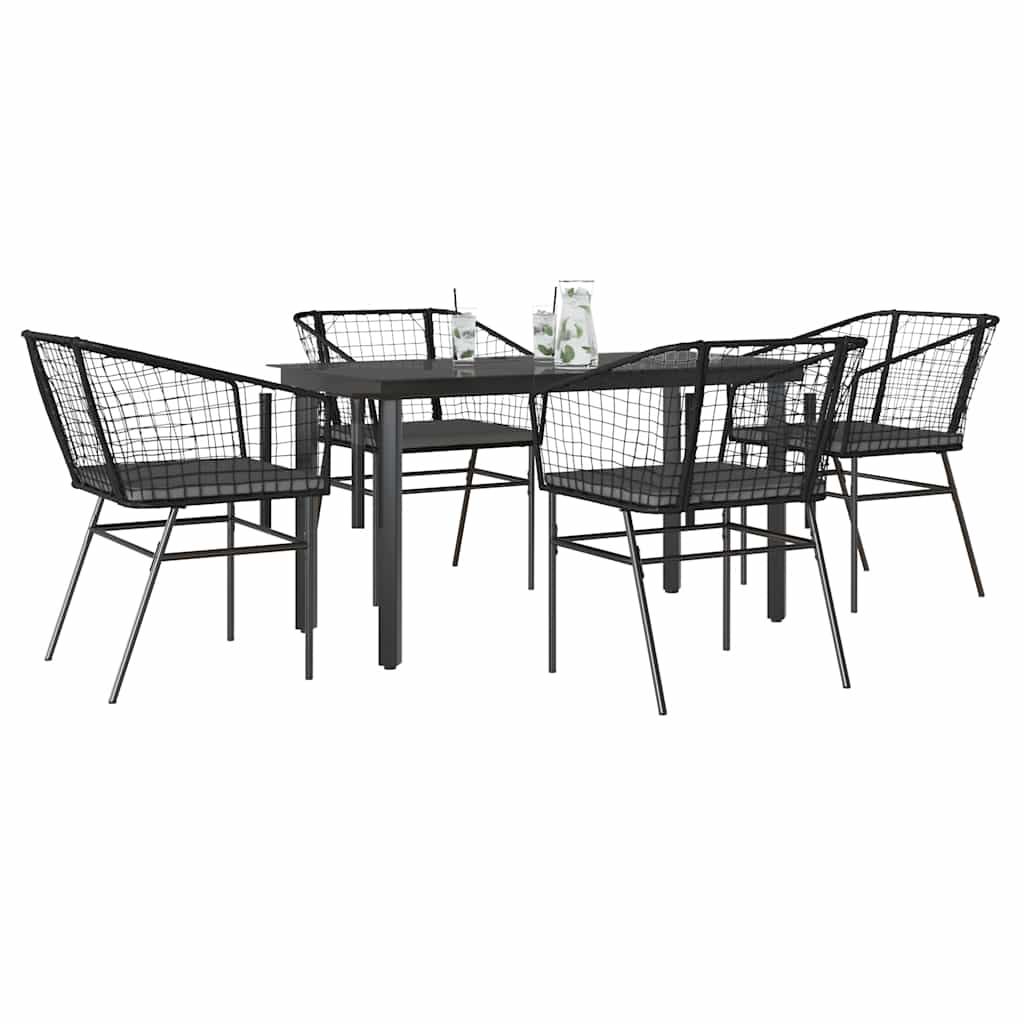5-tlg. Garten-Essgruppe mit Kissen Schwarz Poly Rattan Glas