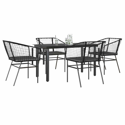 5-tlg. Garten-Essgruppe mit Kissen Schwarz Poly Rattan Glas