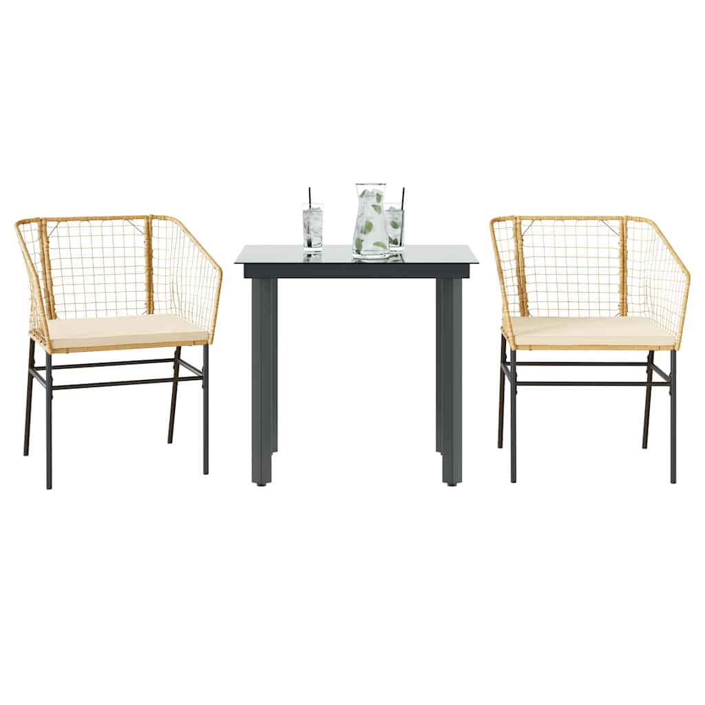 3-tlg. Garten-Essgruppe mit Kissen Braun Poly Rattan Glas