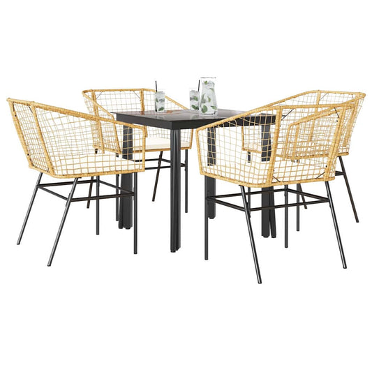 5-tlg. Garten-Essgruppe mit Kissen Braun Poly Rattan Glas