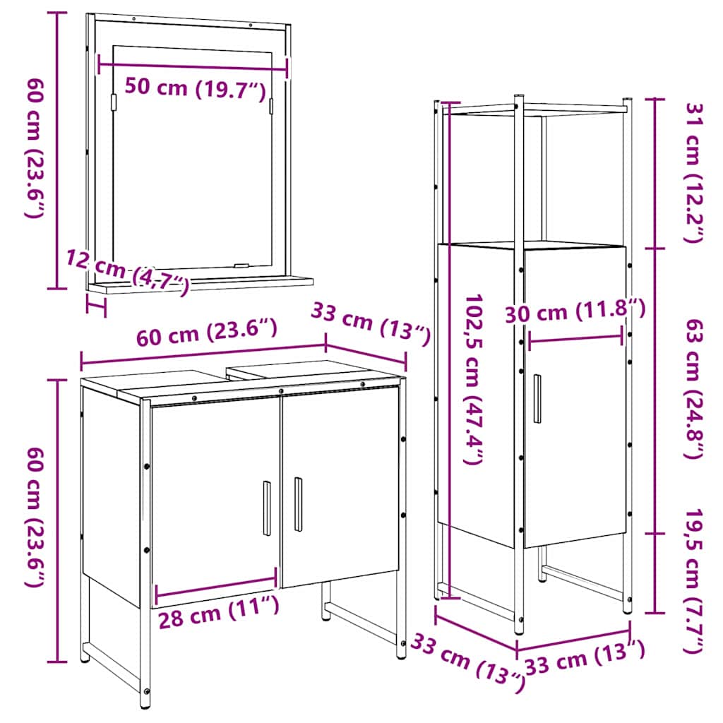 Badezimmermöbel Set mit Speicher 3 pcs Braun 33 x 33 x 102,5 cm