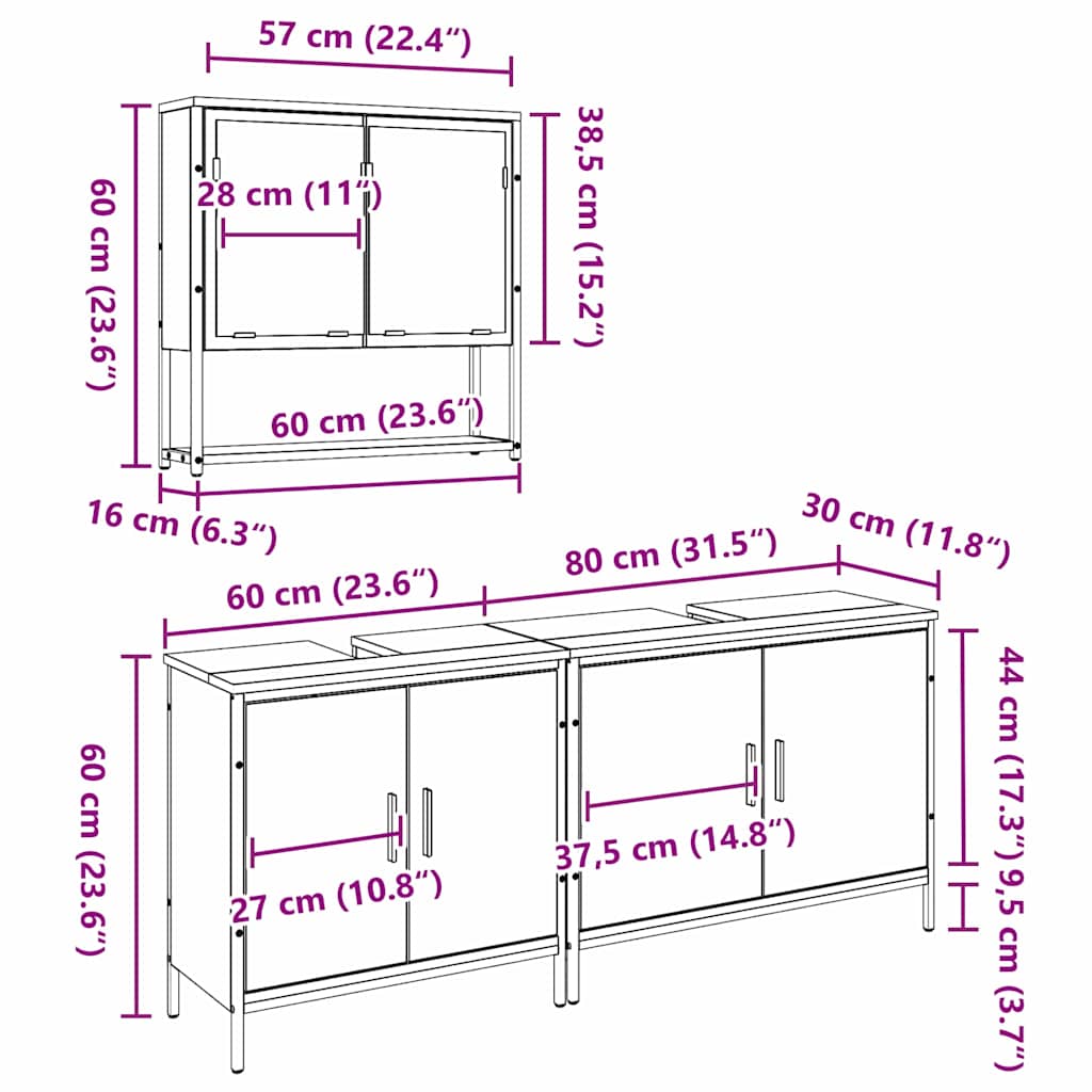 Badezimmermöbel Set 3 pcs Braun 80 x 30 x 44 cm Holzwerkstoff
