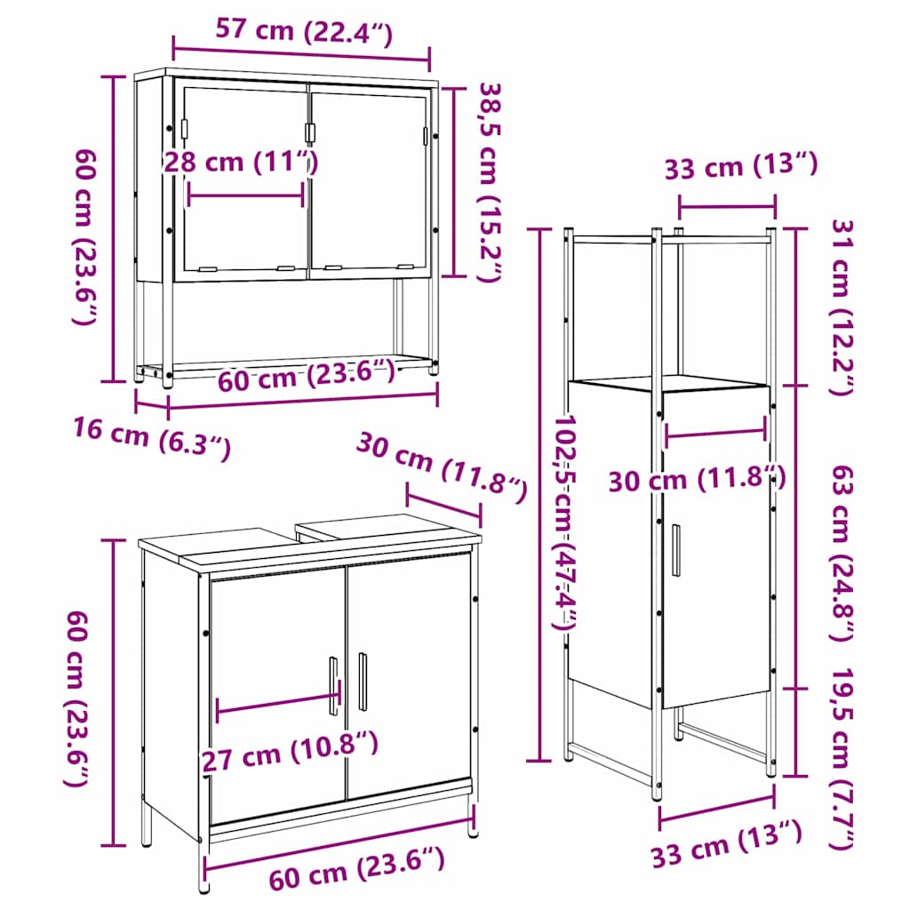 Badezimmermöbel Set mit Speicher 3 pcs Braun 33 x 33 x 102,5 cm
