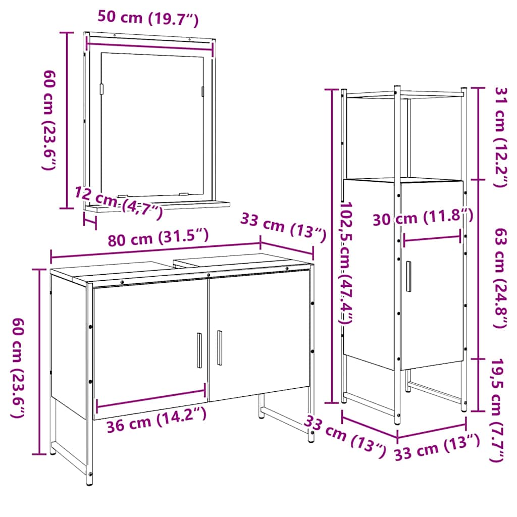 Badezimmermöbel Set mit Speicher 3 pcs Braun 33 x 33 x 102,5 cm