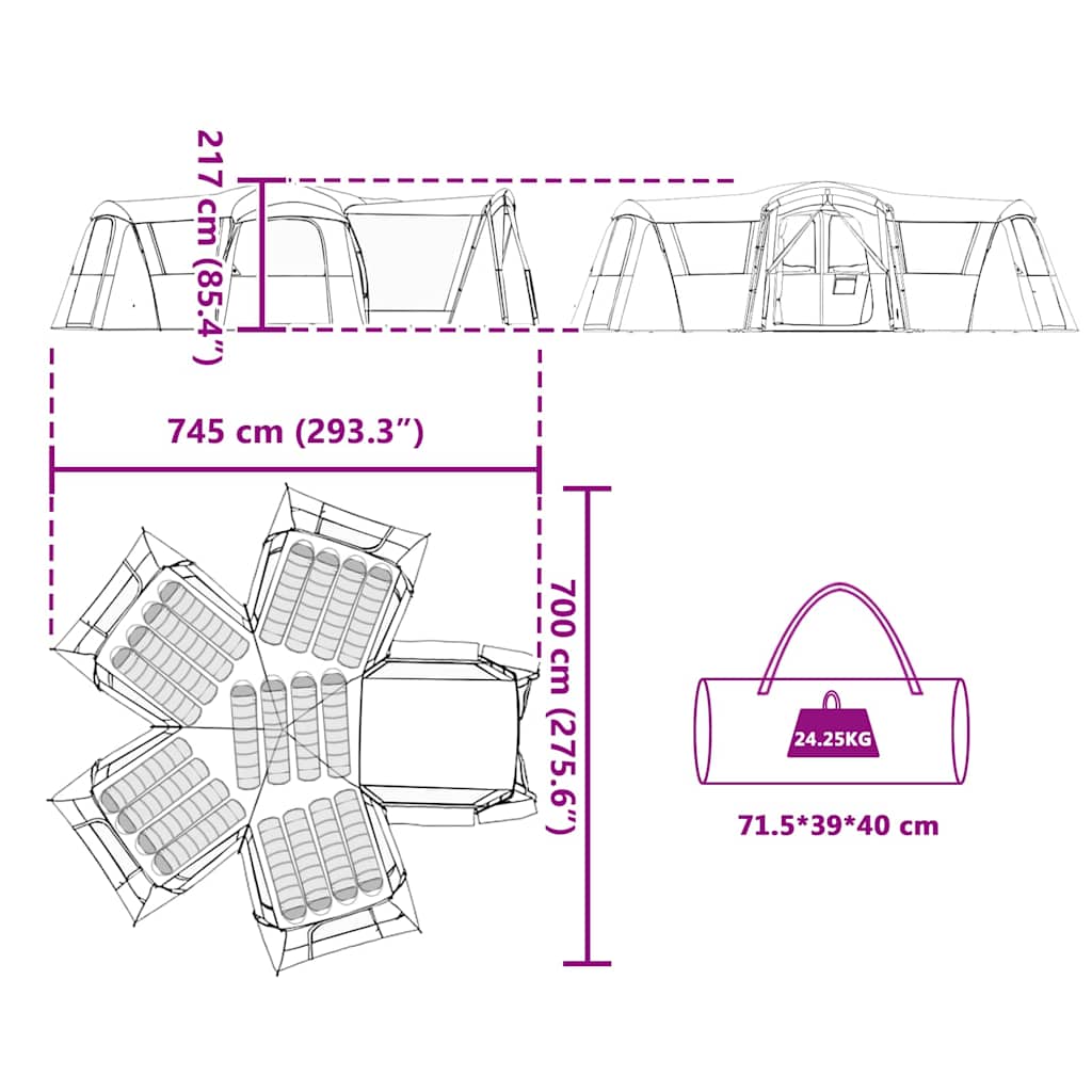 Familienzelt mit Dach Grün und Weiß 745 x 700 x 217 cm