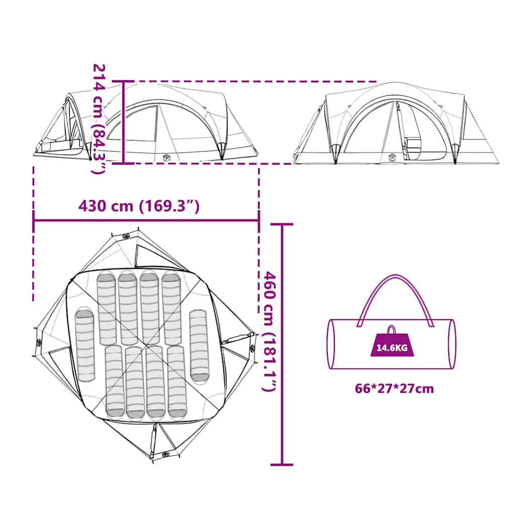 Familienzelt mit Dach Grau und Orange 460 x 430 x 214 cm