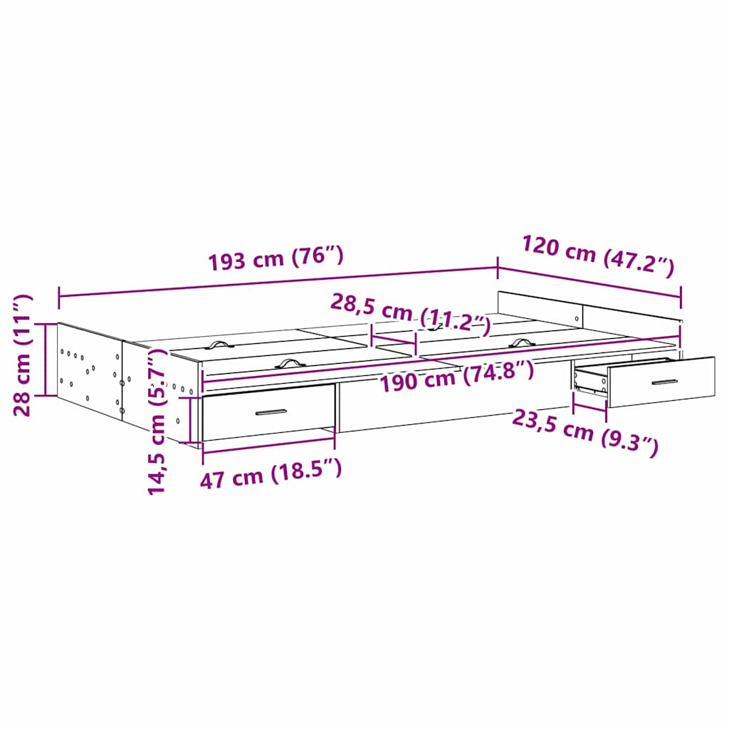 Aufbewahrungsbettgestell Schwarz Eichen-Optik 120 x 190 cm
