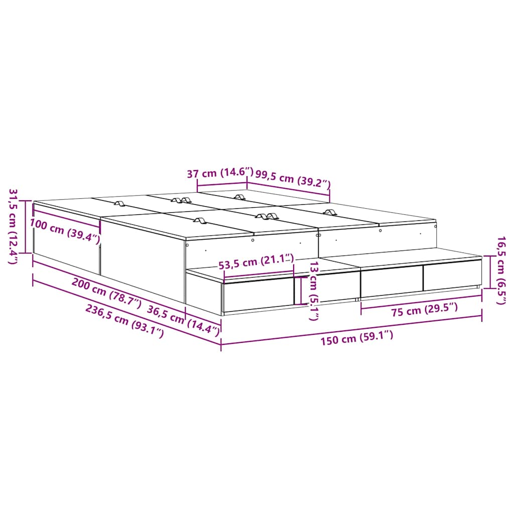 Aufbewahrungsbettgestell Altholz 150 cm Holzwerkstoff