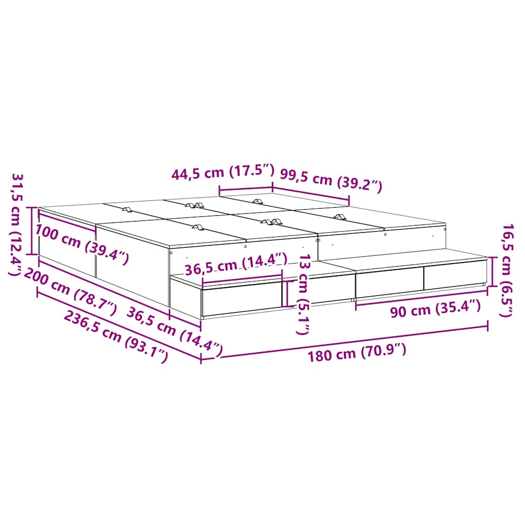 Aufbewahrungsbettgestell Schwarz Eichen-Optik 180 cm