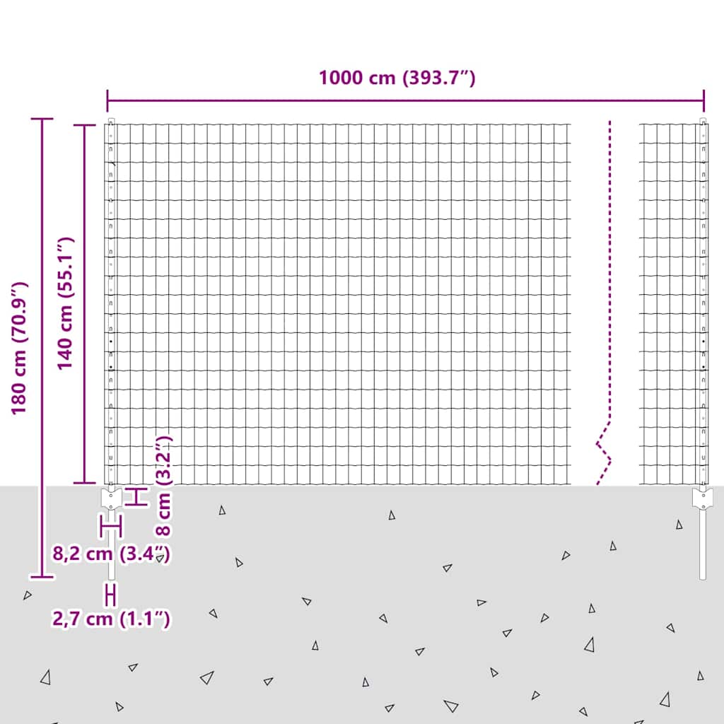 Zaun mit Pfosten Grün 1.4 x 10 m Stahl