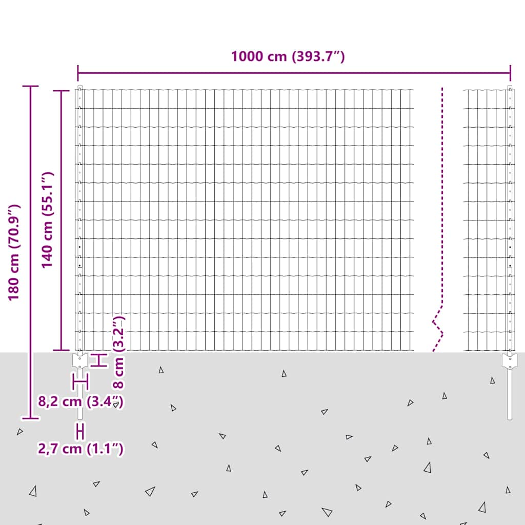 Zaun mit Pfosten Grün 1.4 x 10 m Stahl