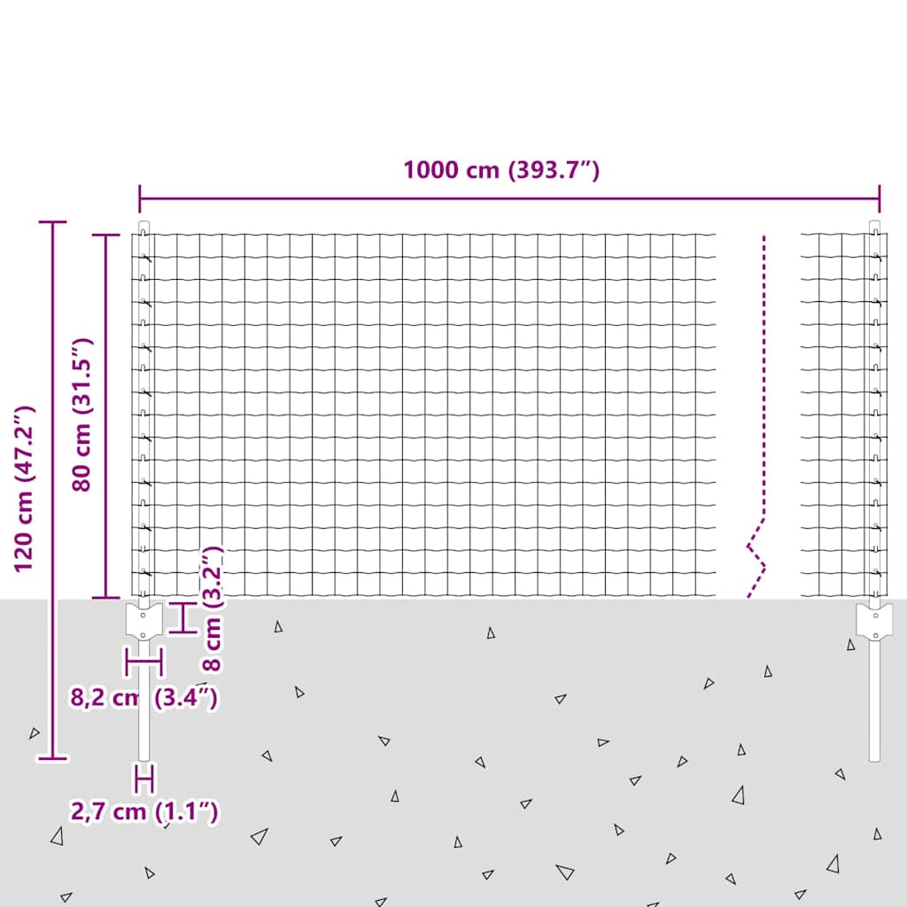 Zaun mit Pfosten Grau 0.8 x 10 m Stahl