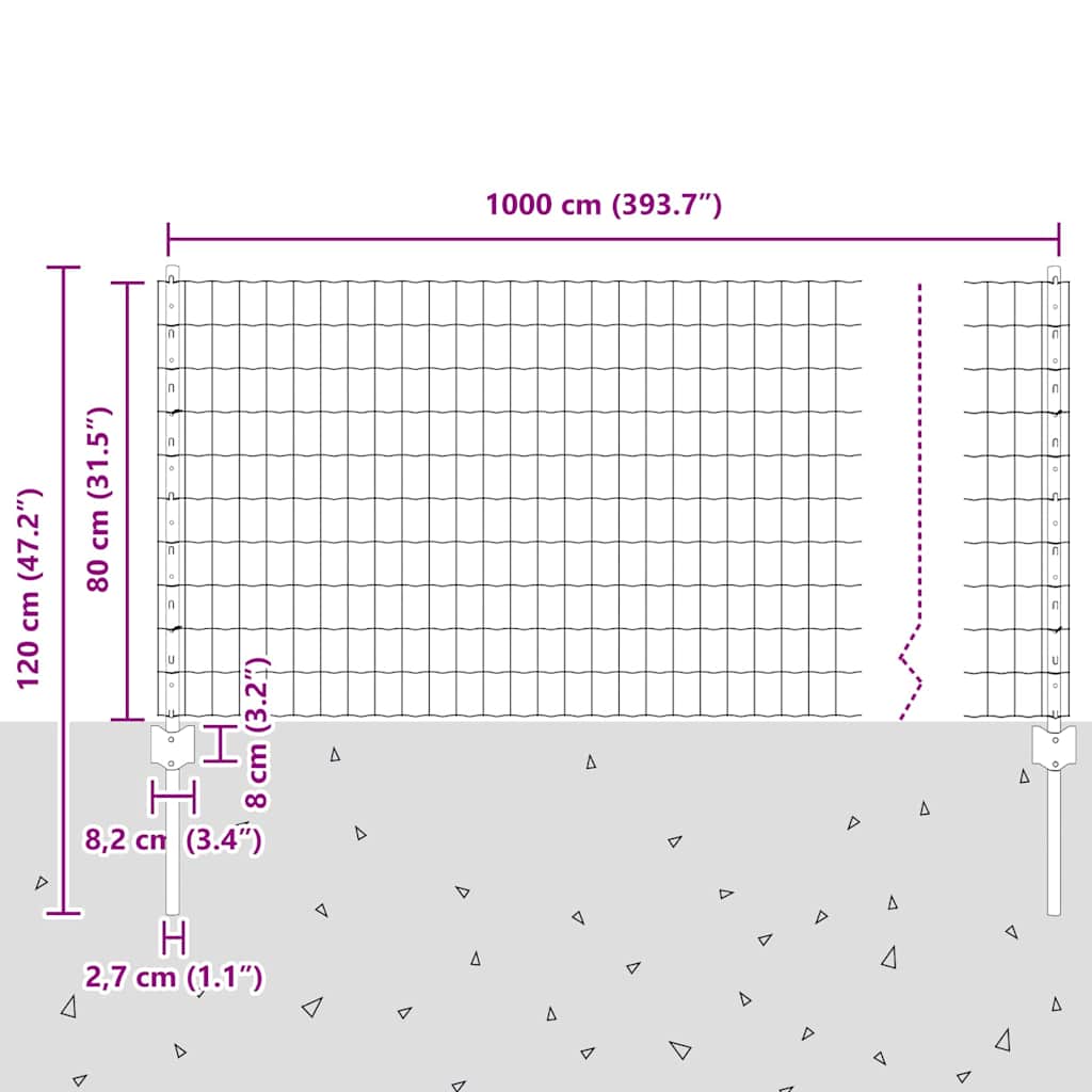 Zaun mit Pfosten Grau 0.8 x 10 m Stahl
