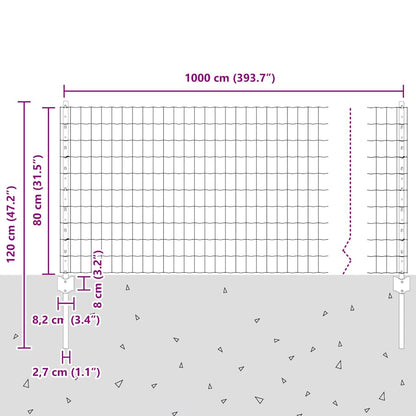 Zaun mit Pfosten Grau 0.8 x 10 m Stahl