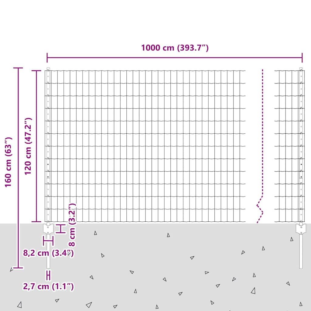 Zaun mit Pfosten Grau 1.2 x 10 m Stahl