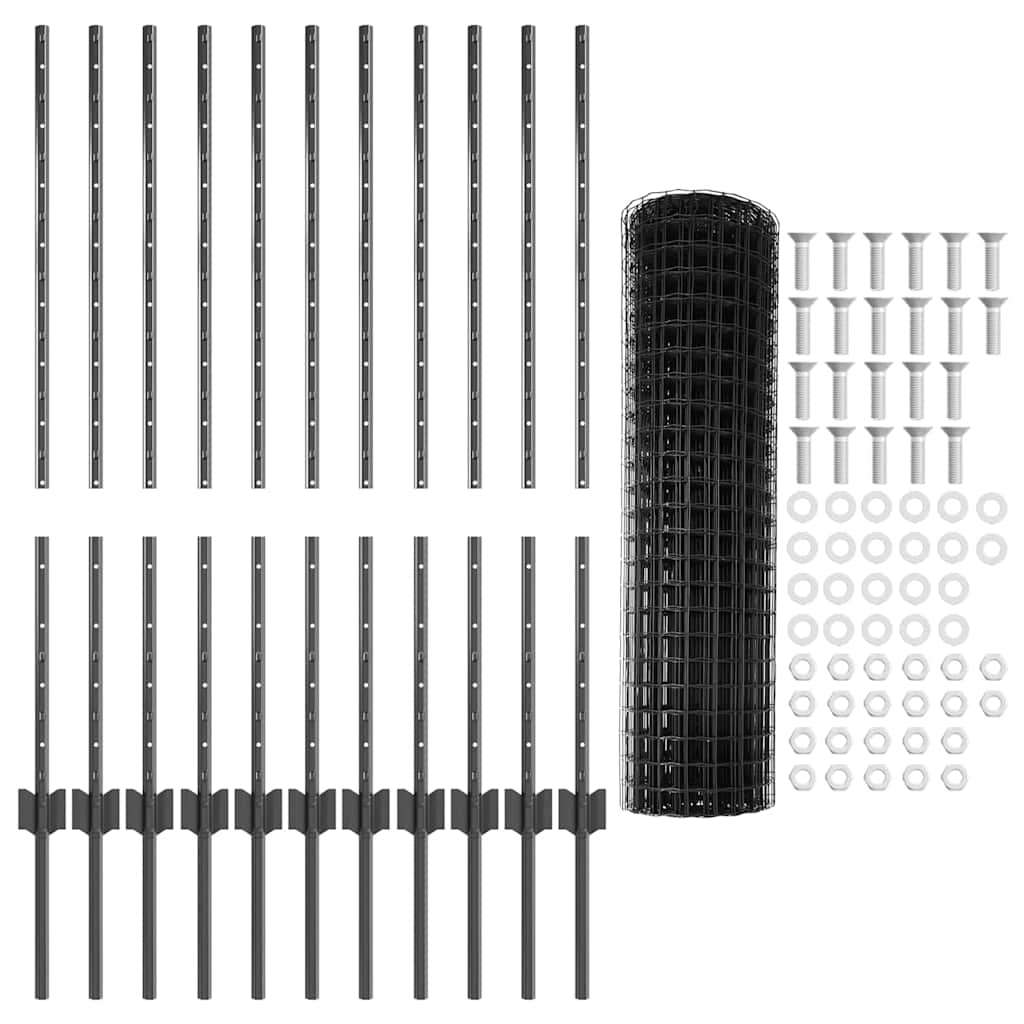 Zaun mit Pfosten Grau 1 x 25 m Stahl