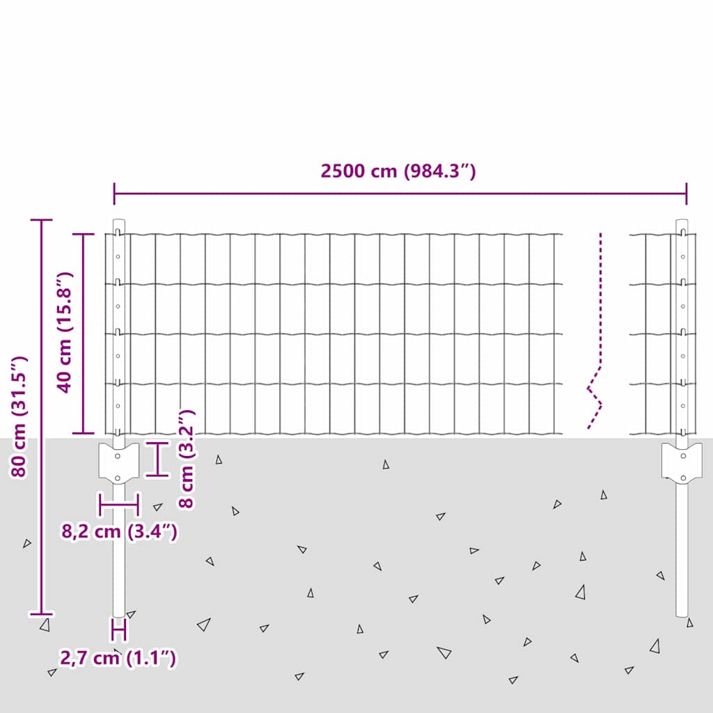 Zaun mit Pfosten Grau 0,4 x 25 m Stahl