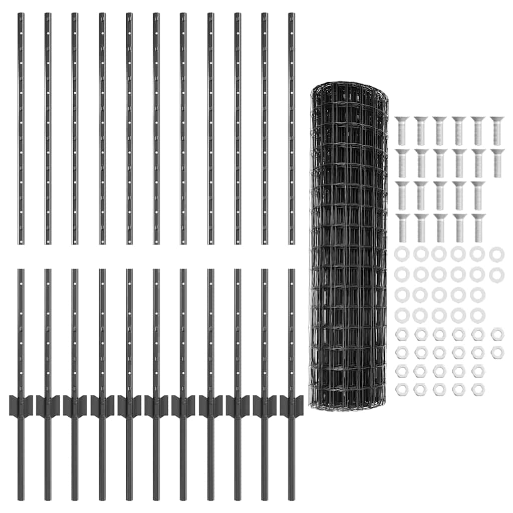 Zaun mit Pfosten Grau 1 x 25 m Stahl