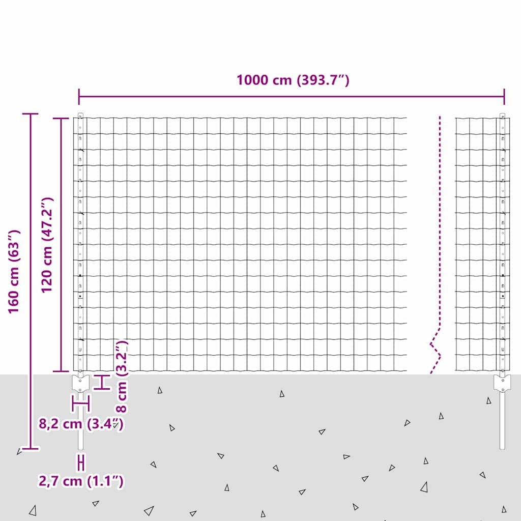 Zaun mit Pfosten Grau 1.2 x 10 m Stahl