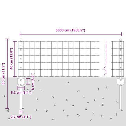 Zaun mit Pfosten Grau 0.4 x 50 m Stahl