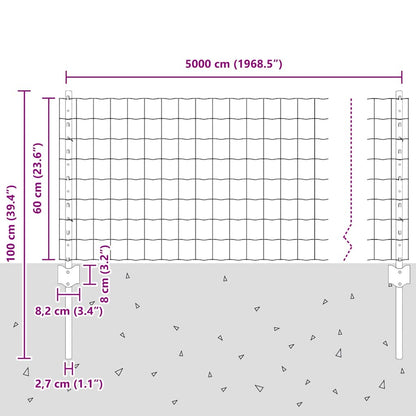 Zaun mit Pfosten Grau 0.6 x 50 m Stahl