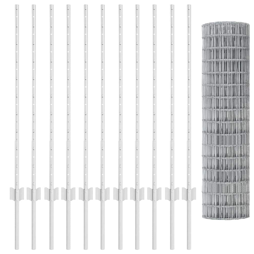 Zaun mit Pfosten Silber 1 x 25 m Stahl