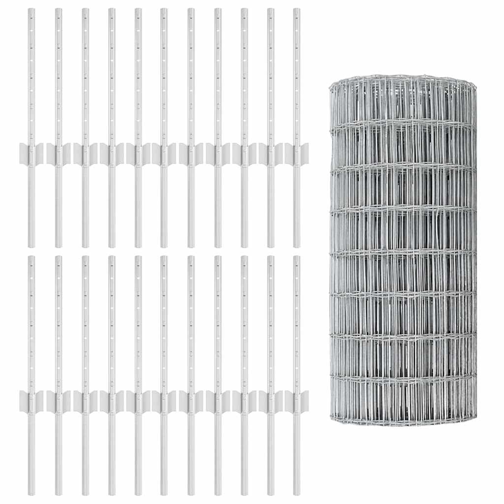 Zaun mit Pfosten Silber 0.4 x 50 m Stahl