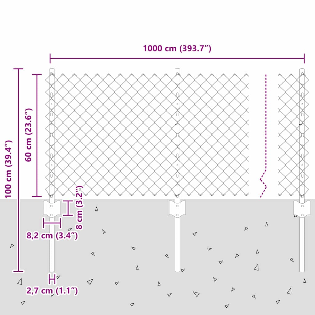Zaun mit Pfosten Grau 0,6 x 10 m Stahl