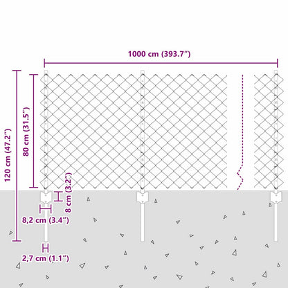 Zaun mit Pfosten Grau 0.8 x 10 m Stahl