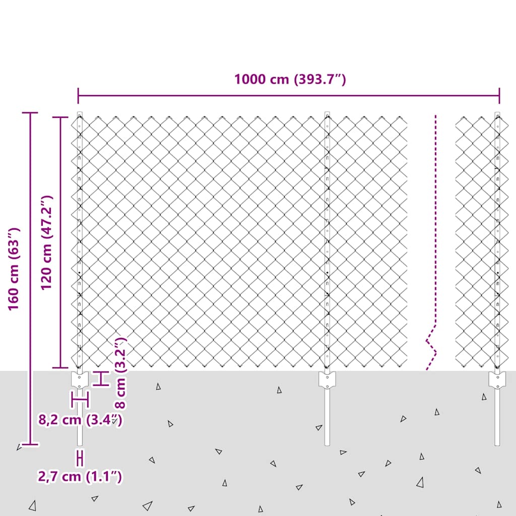 Zaun mit Pfosten Grau 1.2 x 10 m Stahl
