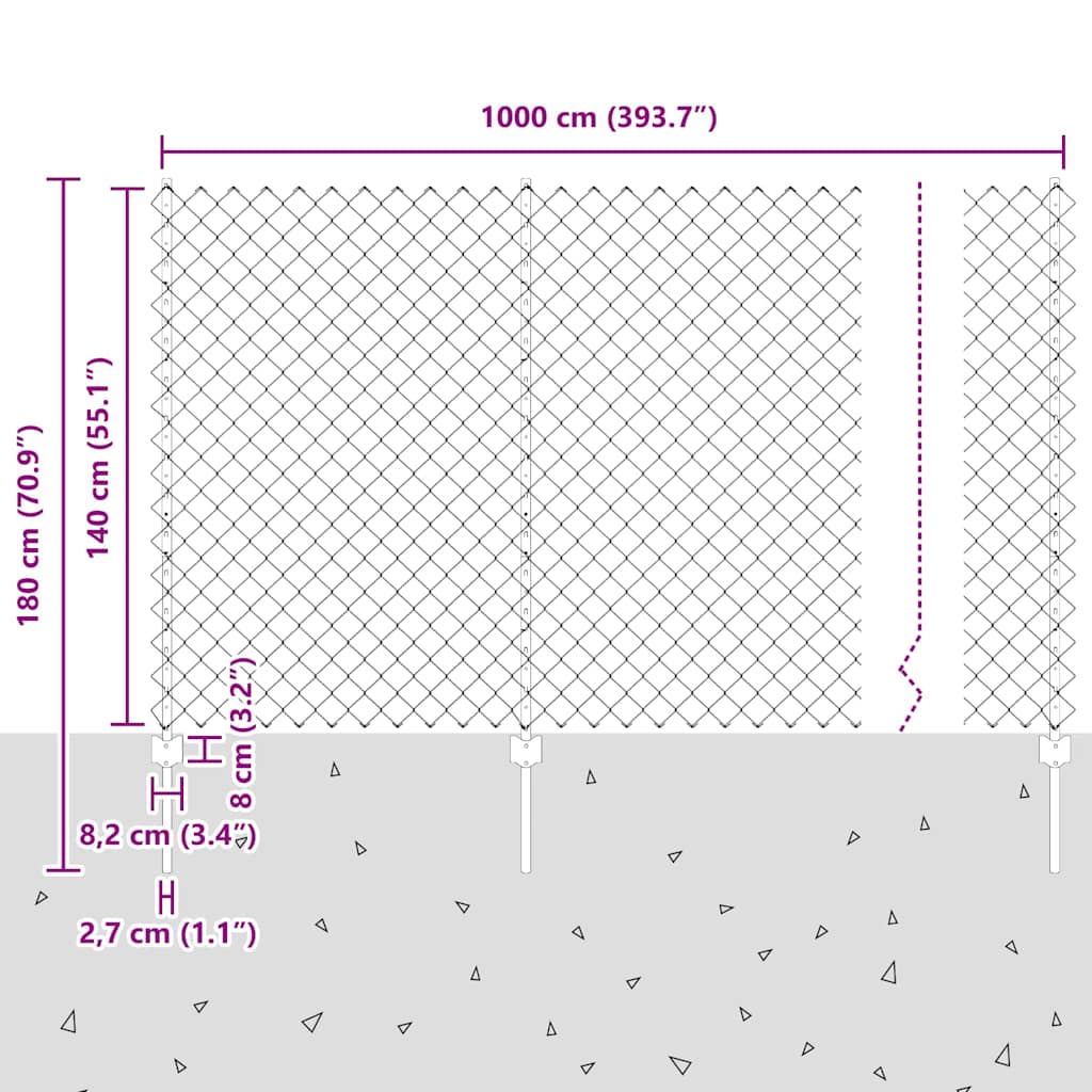 Zaun mit Pfosten Grau 1.4 x 10 m Stahl