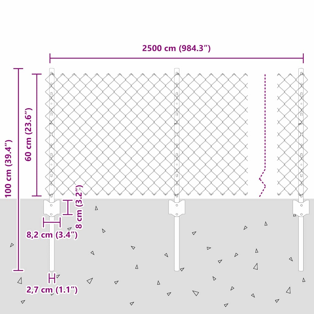 Zaun mit Pfosten Grau 0,6 x 25 m Stahl